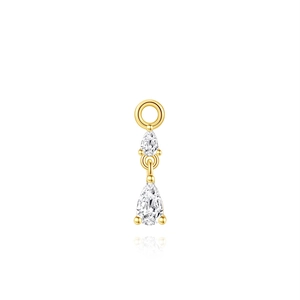 Macro detail of gold-plated silver earrings with pear-cut cubic zirconia charms