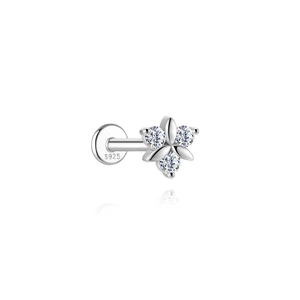 Detailed close-up of S925 silver flower labret stud with three sparkling stones