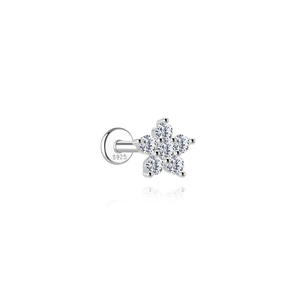Macro detail of S925 sterling silver flower cartilage stud with cubic zirconia stones