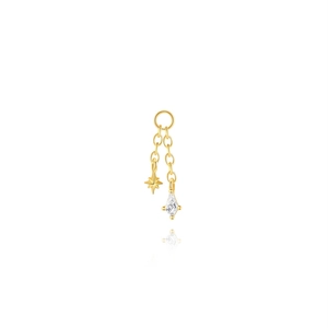 Detail of gold double chain earrings with star charm and marquise zircon pendant