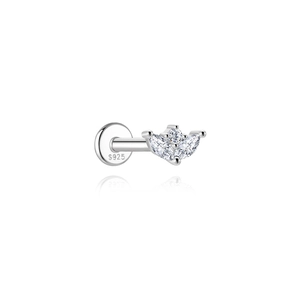 Macro detail of S925 sterling silver stamp and crown leaf cubic zirconia cartilage stud