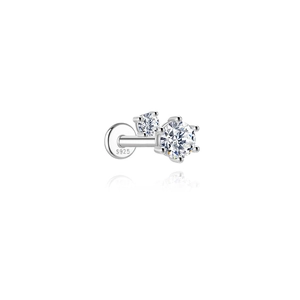Detail of S925 sterling silver labret stud featuring double brilliant-cut zircon stones