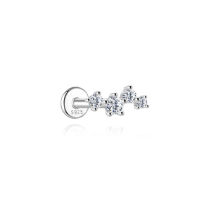 Detailed macro view of S925 sterling silver screw back cartilage stud with marquise zircon