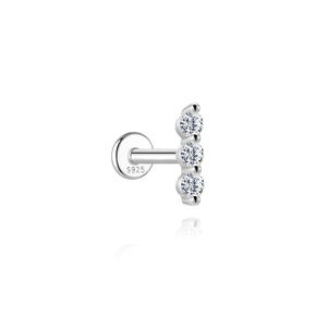 Close-up of S925 sterling silver ear stud with three vertical sparkling zircons