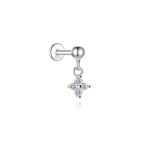Macro view of S925 sterling silver flower cartilage stud with clear moissanite stones