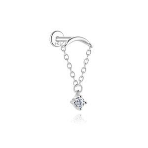 Detail of S925 sterling silver cartilage earring with chain and dangling zircon stone