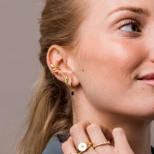 Close-up of gold snake ear cuff, black pear-shaped drop earrings and gemstone rings