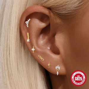 S925 sterling zilveren vergulde ster en maan oorknopjes set met zirkoon steentjes