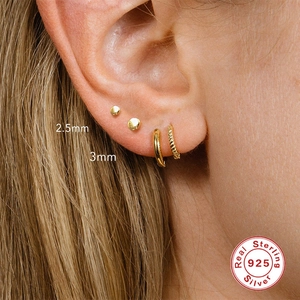 Minimalist S925 sterling silver golden round stud and hoop earring set for women