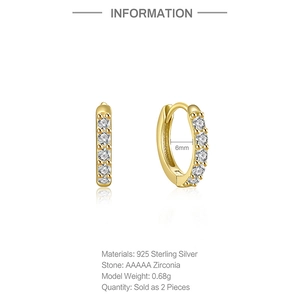 Detail showing 925 sterling silver 18k gold hoop earrings with zircon stones and dimensions