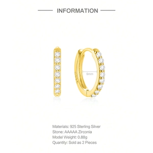 Detail view of 925 sterling silver 9mm hoop earrings with AAAAA zircon and gold finish
