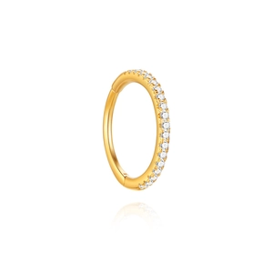 Vue détaillée d'une boucle d'oreille dorée avec oxydes de zirconium sur fond blanc pur