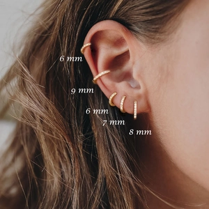 S925 sterling silver gold hoop earrings set with zircon studs in 6mm to 9mm sizes