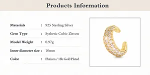 Detailed specs of 925 sterling silver ear cuff with cubic zirconia, 10mm inner diameter