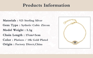 Detailed specifications of S925 sterling silver evil eye bracelet with cubic zirconia