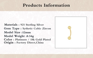 Detailed specs of a 12mm 925 sterling silver curved barbell with 18k gold plating