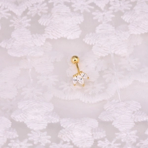 Close-up of gold S925 sterling silver ear stud with three marquise-cut zircons and ball lock