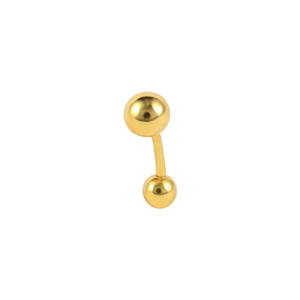 Macro shot of polished gold curved barbell piercing jewelry with ball ends on white background
