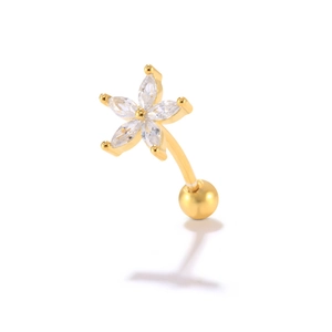 Macro detail of curved barbell earring featuring gold flower with five marquise zircons