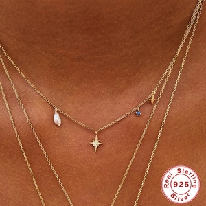 S925 Sterling silver layered necklace with star pendant, blue gem and baroque pearl