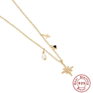 S925 sterling silver gold necklace with star pendant, black stone and baroque pearl