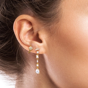 Macro shot of 925 sterling silver tassel drop earring with marquise and pear cut stones