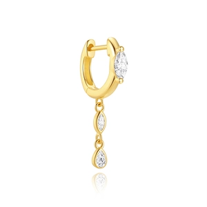 Detail view of gold S925 silver hoop earring with marquise and teardrop zircon charms