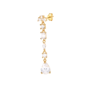 Macro view of gold-tone earrings featuring pear-shaped gemstones and crystal clusters