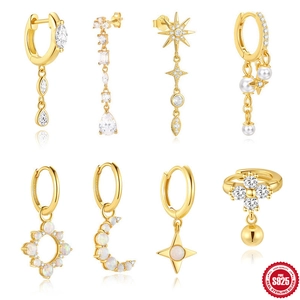 925 Sterling Silver Geometric Dangle Hoop Earrings For Women Gold Platinum Plated Zirconia Opal Artificial Pearl Star Water Drop Earring Jewelry