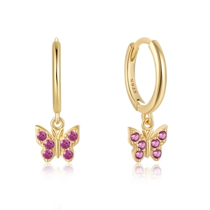 Close-up of S925 silver butterfly earrings with pink zircons and golden plating finish