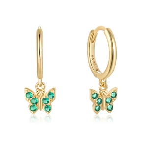 Close-up of S925 silver butterfly drop earrings with green crystals in gold finish