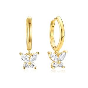 Macro shot of S925 sterling gold butterfly earrings with sparkling cubic zirconia stones