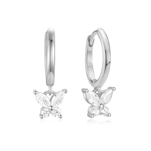 Macro view of S925 sterling silver butterfly earrings with sparkling zircon stones