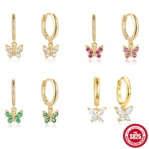 925 Sterling Silver Butterfly Dangle Earrings Gold Plated Colorful Zirconia Hoop Earrings For Women Elegant Fashion Jewelry Gift