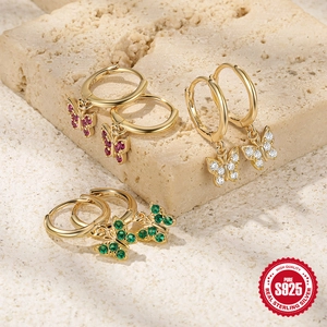 S925 sterling silver gold plated butterfly earrings with colorful zircon stones