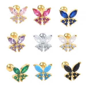 Macro detail of S925 silver butterfly screw-back studs in nine diverse zircon colors