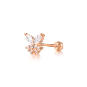 Macro shot of S925 sterling silver butterfly ear stud featuring rose gold and zircons