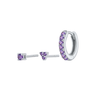 Gedetailleerde set van drie S925 sterling zilveren oorbellen met paarse zirkoon