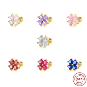 925 Sterlingsilber Vierblättriges Kleeblatt Ohrknorpel Ohrstecker 18K Vergoldet Herz Zirkonia Schraubverschluss Helix Piercing Damen