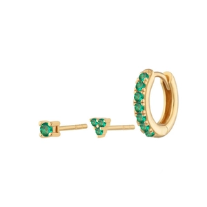 S925 zilveren goudkleurige oorbellen set met smaragdgroene zirkonia en kleine oorring