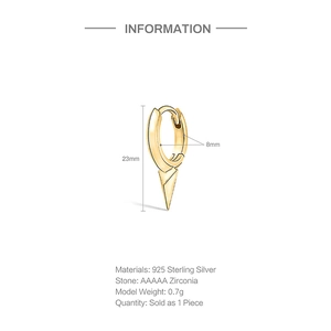 Detalle de los pendientes de daga en plata S925 dorada con dimensiones y circonitas