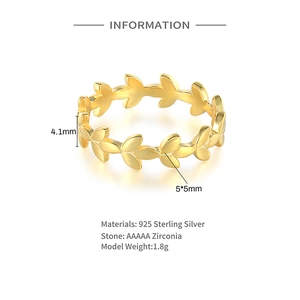Detailed view of gold olive leaf ring in 925 sterling silver with AAAAA zirconias