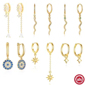 S925 Sterlingsilber Ohrringe Damen Asymmetrische Stern Schlange Böses Auge Zirkonia Hängeohrringe Gold Platin Schmuck