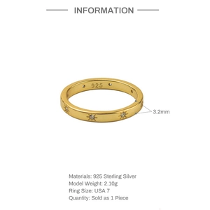 Detail view of 3.2mm gold s925 sterling silver ring with star engravings and gemstones