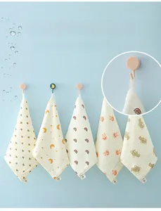 Set of 5 soft cotton gauze baby towels with hanging loops and cute cartoon animal patterns