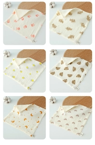 Close-up of 6-piece pack cotton gauze baby handkerchiefs with cute animal patterns
