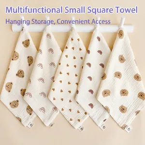 Five-pack set of soft cotton gauze baby towels with bear and rainbow prints