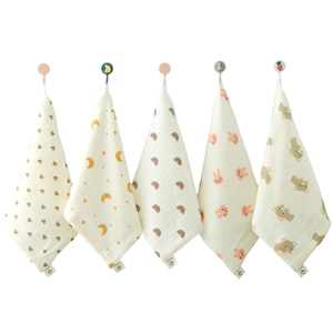 5-pack baby muslin cotton washcloths with cute animal prints and hanging loops