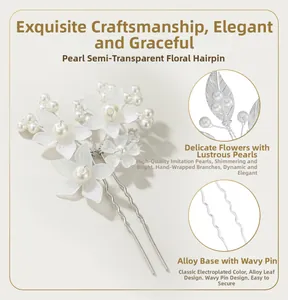 Detail of bridal hair pin with translucent acrylic flowers, pearls, and wave-shaped alloy pins