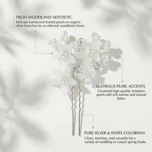 Elegant white acrylic flower hair pin with pearls for bridal wedding and party hair accessory